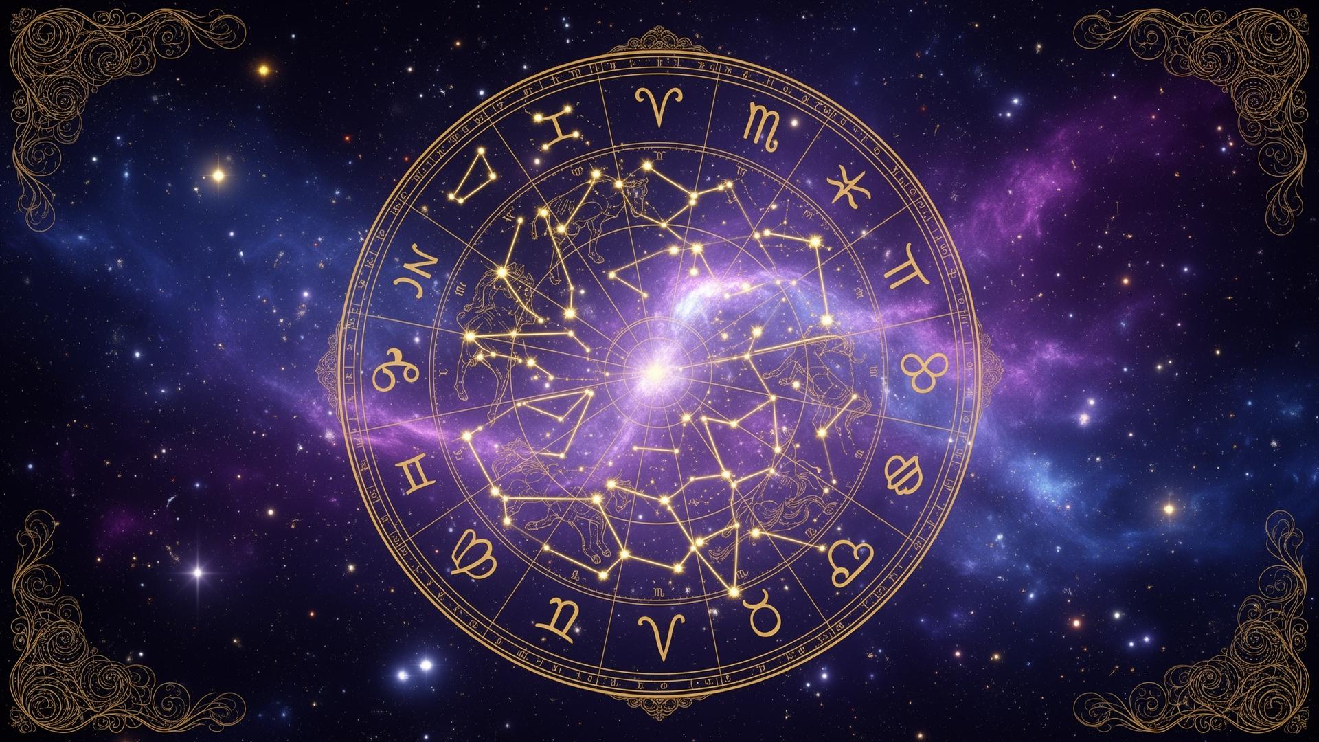 Mystical zodiac wheel and constellations